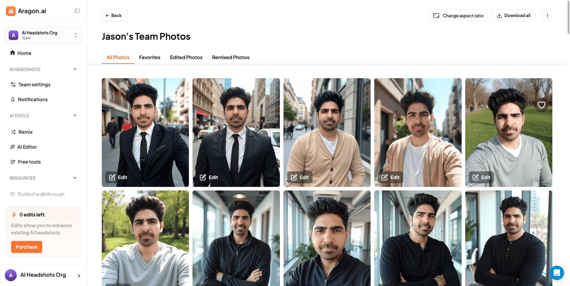 Aragon AI headshots ready page showing completed AI headshot generation results