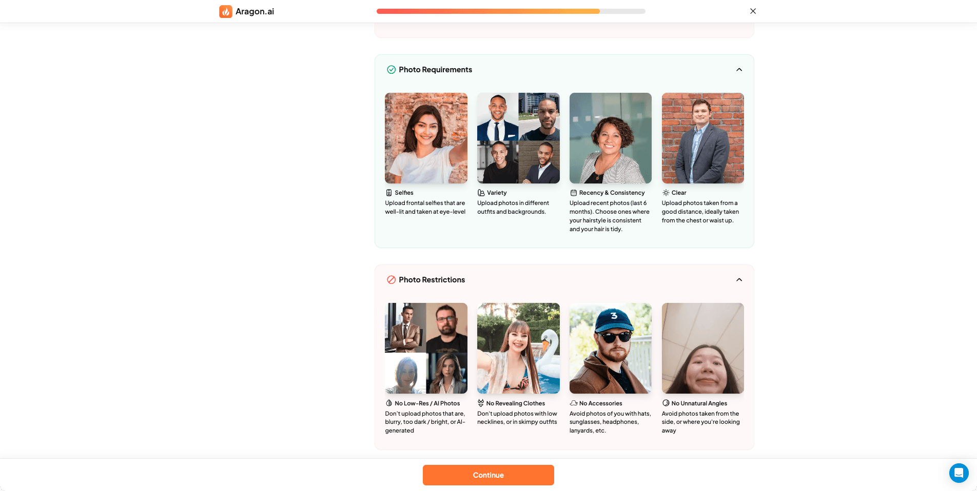 Aragon AI photo upload guidelines showing requirements for training images