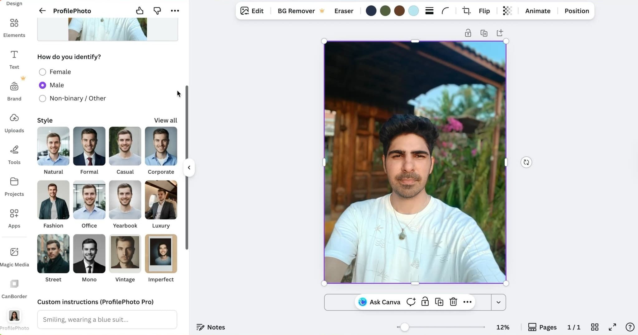 Canva AI headshot gender and style selection options screen