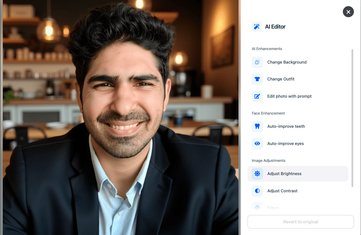 DreamWave AI built-in photo editor interface for refining generated headshots