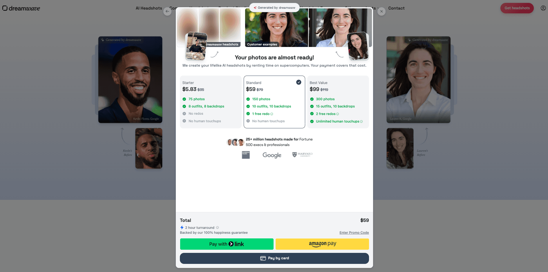 DreamWave AI confirm payment modal showing order summary before checkout
