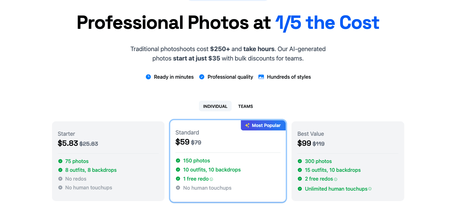 DreamWave AI pricing page showing headshot package options and costs