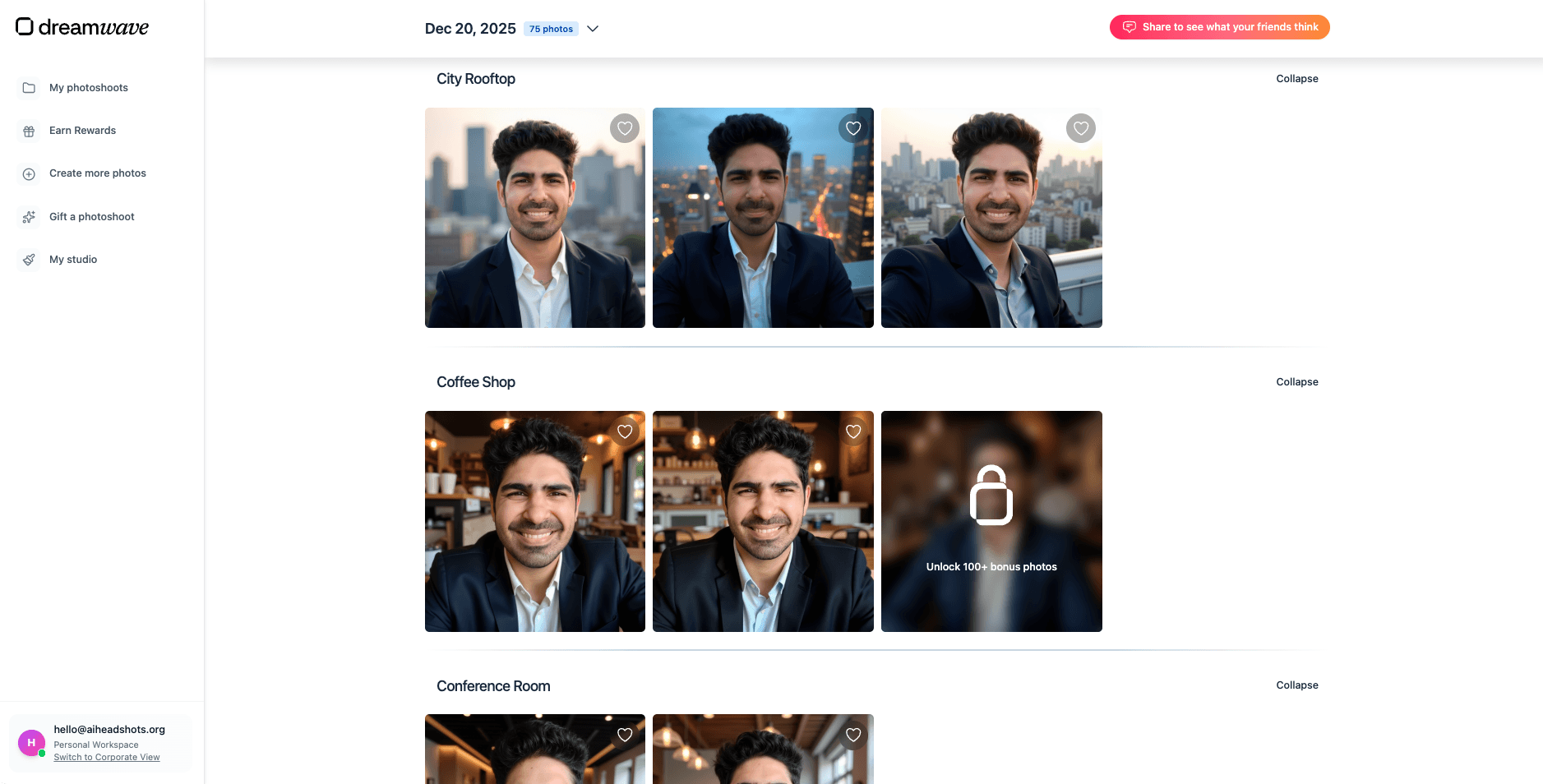 DreamWave AI results dashboard showing generated headshots ready to review and download