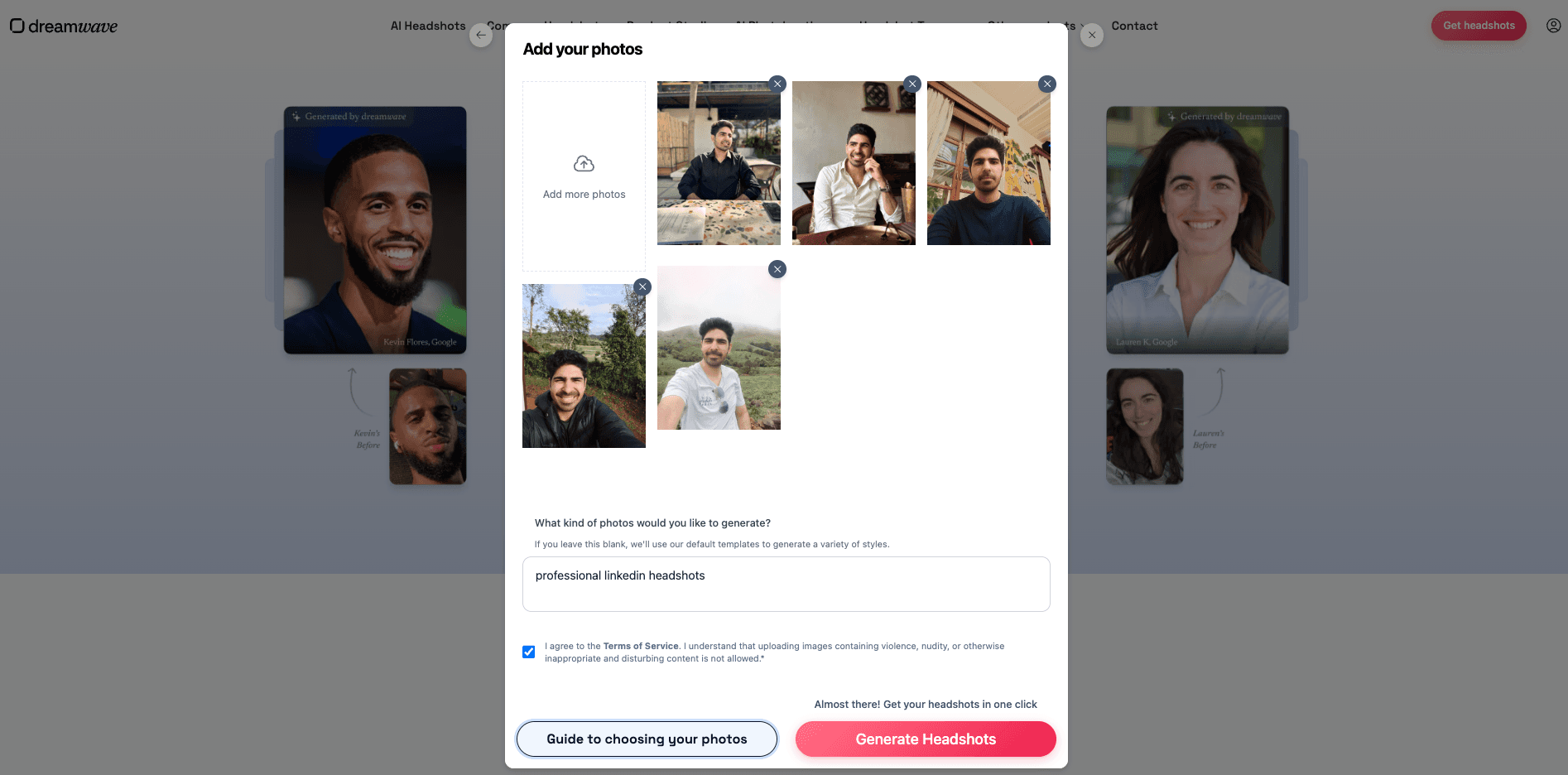 DreamWave AI photo upload interface with drag and drop area for submitting training images
