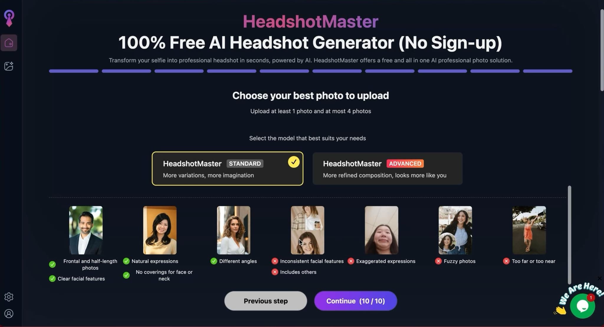 HeadshotMaster headshot mode selection screen showing generation style options