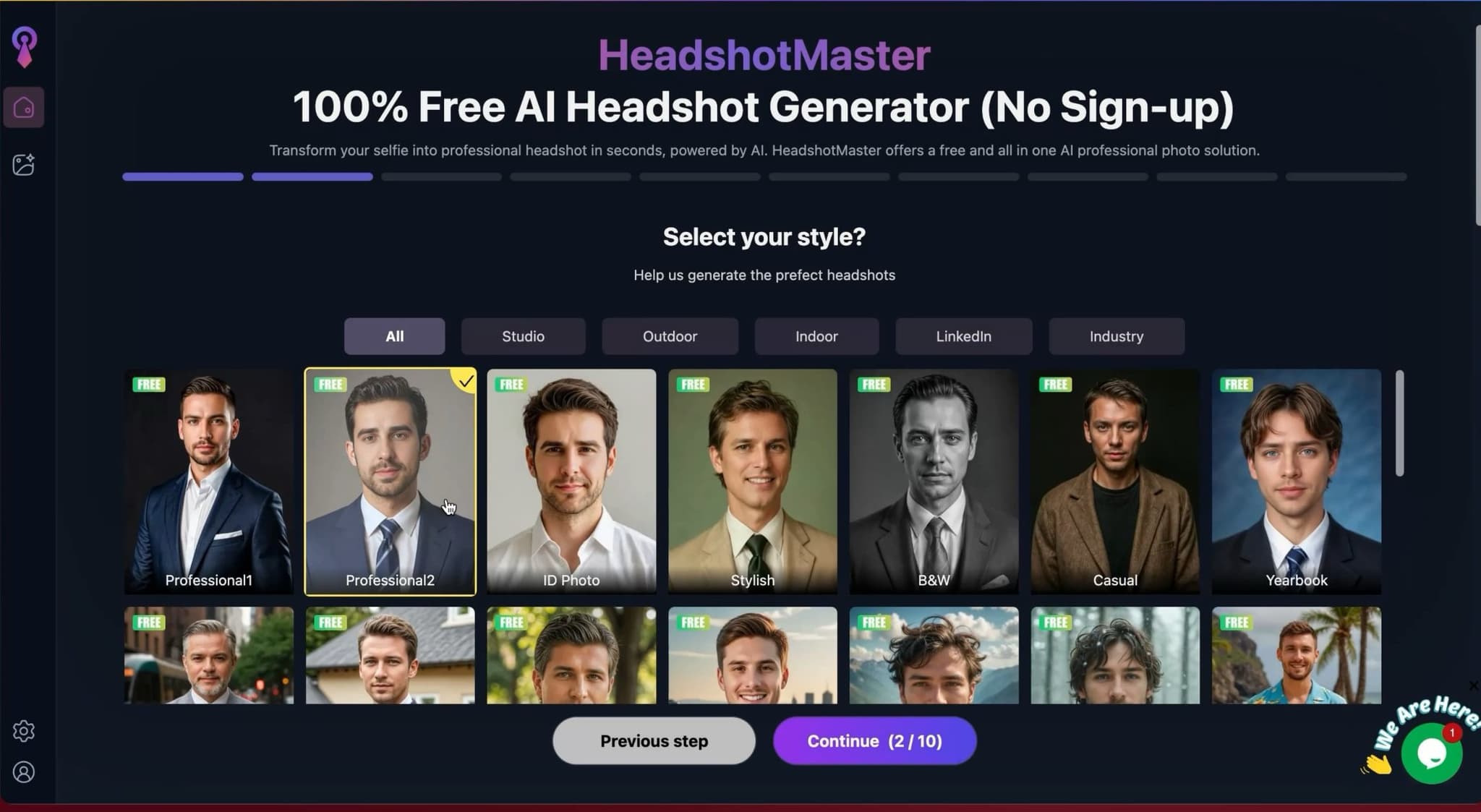 HeadshotMaster style options screen showing available headshot styles for free generation
