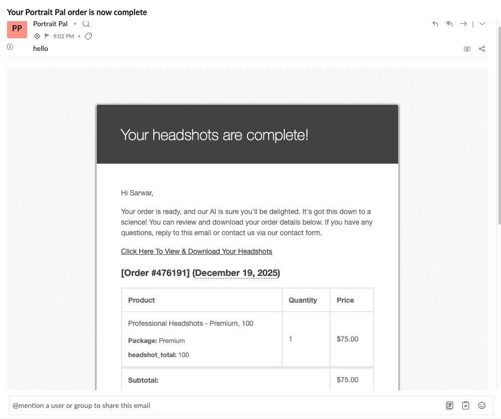 PortraitPal email notification confirming headshots are ready to download