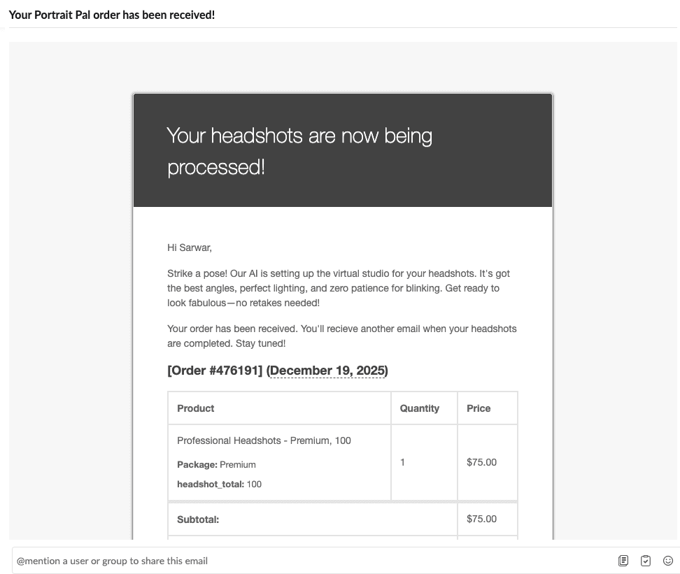 PortraitPal email notification showing headshots are being processed