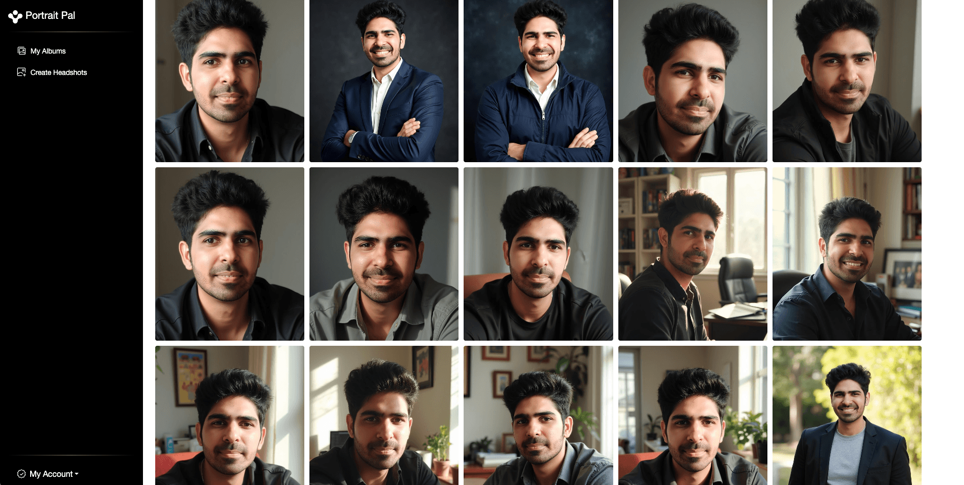 PortraitPal completed headshots page showing generated AI headshots ready to download