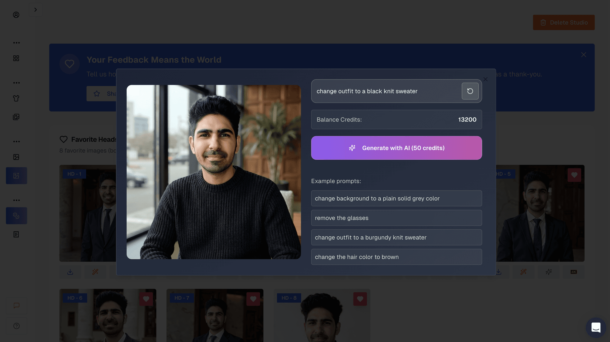 Proshoot AI editor showing a headshot after applying AI enhancement edits