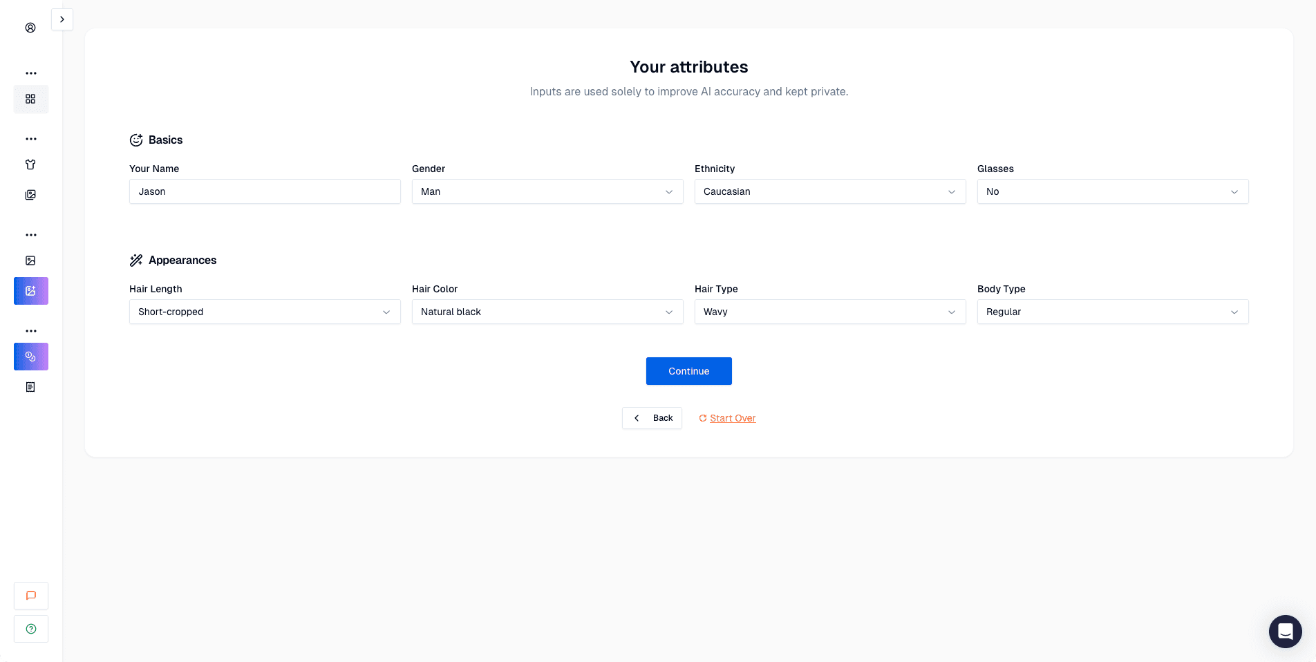 Proshoot personal attributes form showing hair colour, ethnicity, and body type inputs