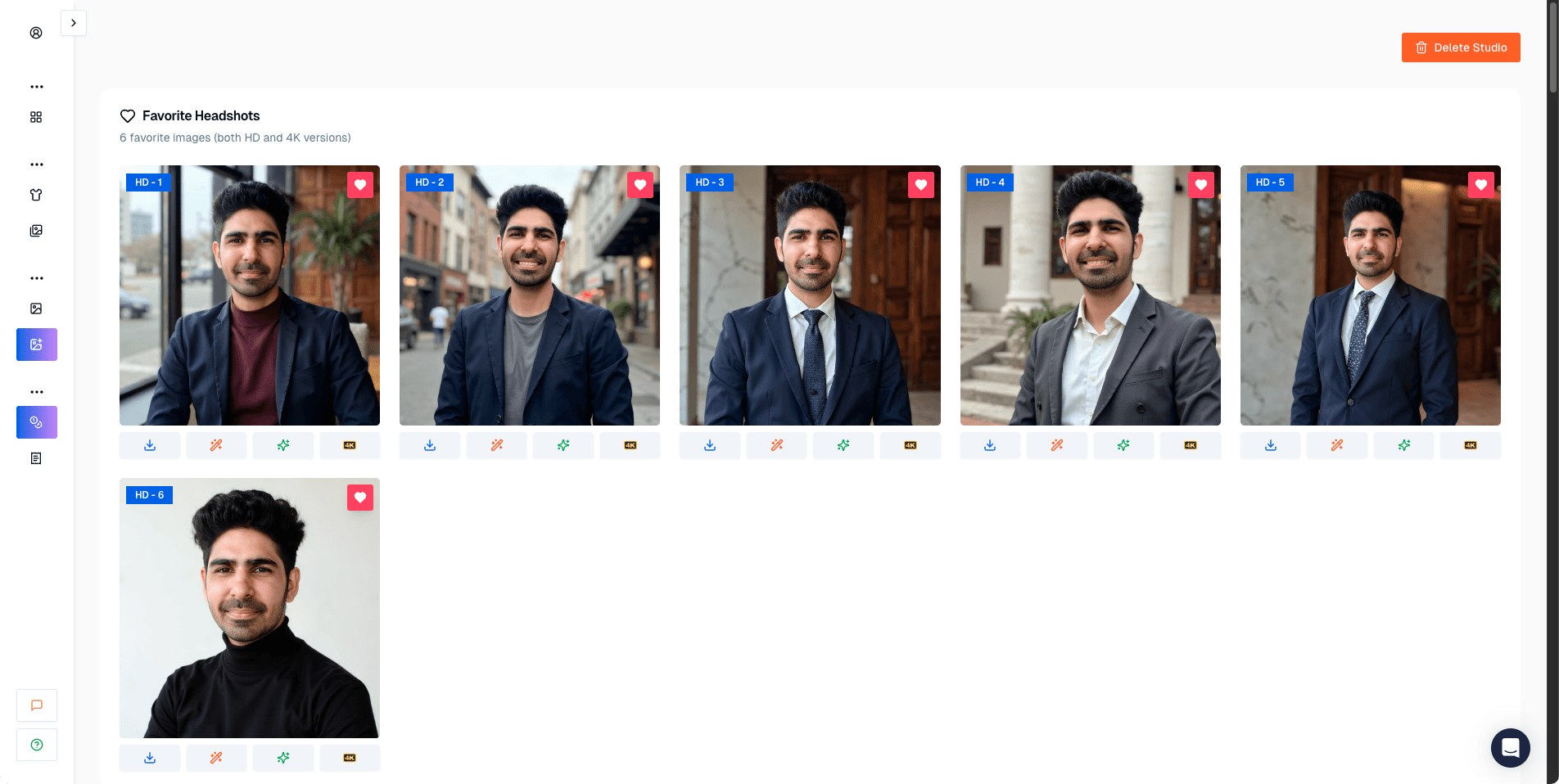 Proshoot results dashboard showing favourited AI headshots ready to review and download
