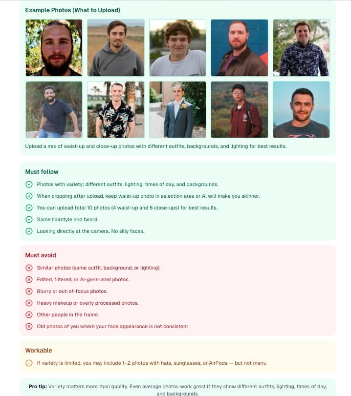 Proshoot photo upload guidelines showing what makes a good training image